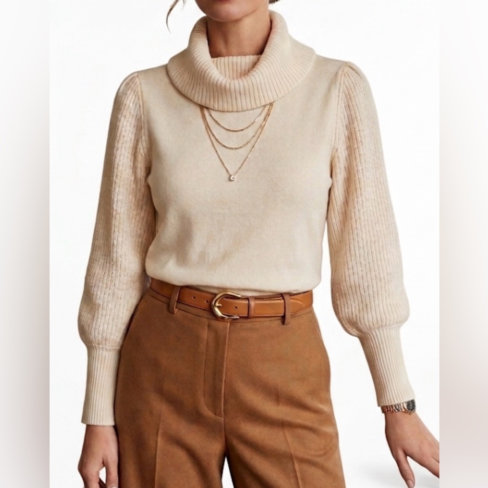 Dolan Left Coast Collection Cream Cowl Neck Mixed Media Balloon Sleeve Sweater L